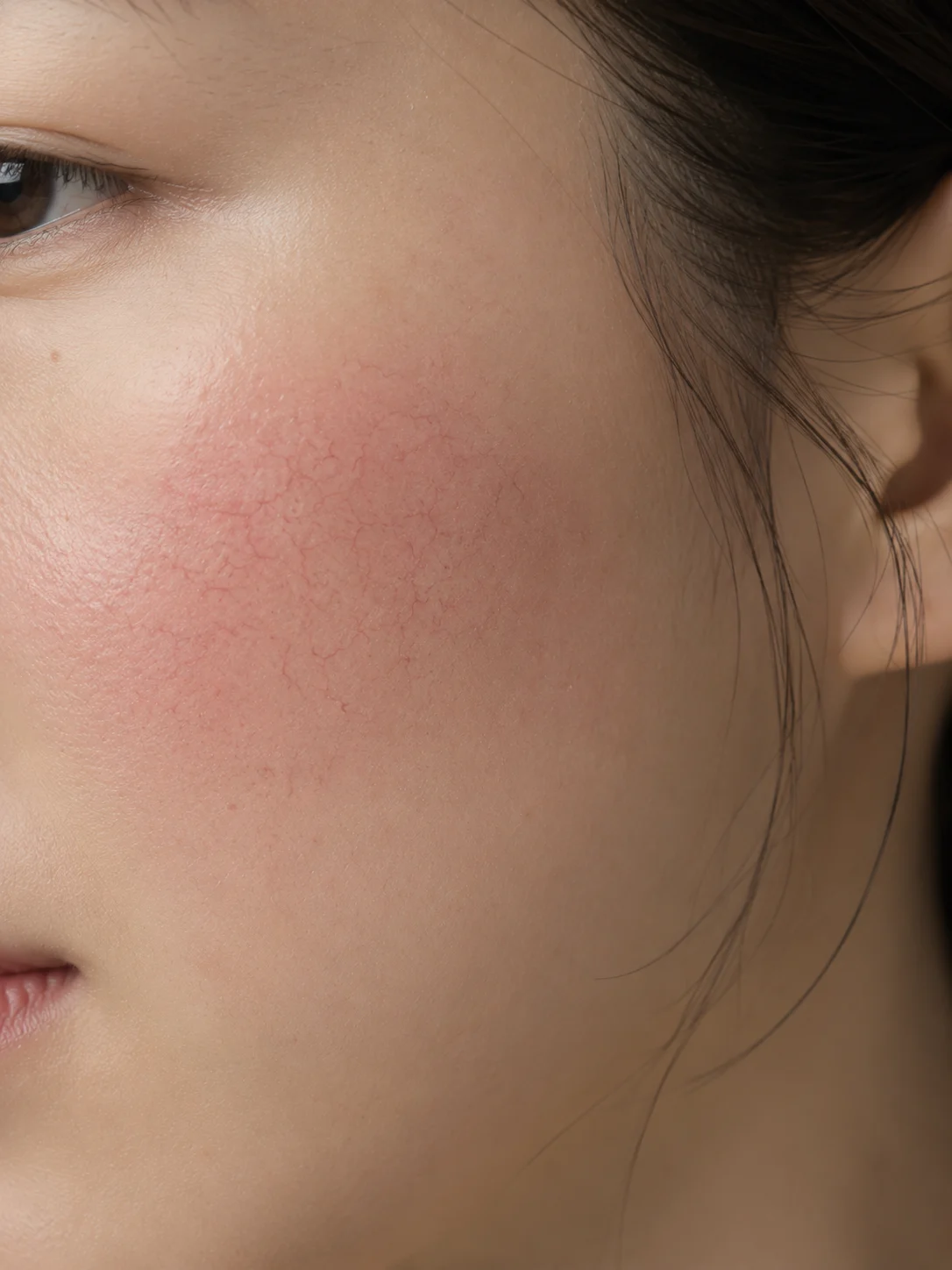 볼에 붉은 기와 확장된 모세혈관이 비쳐 보이는 피부 클로즈업