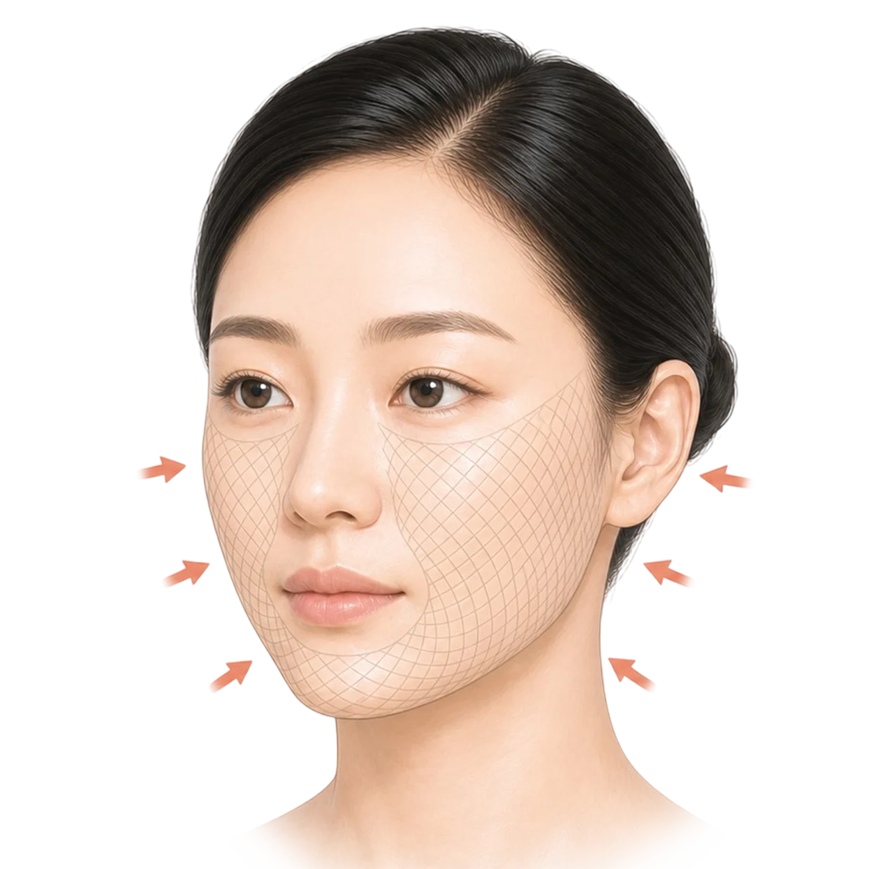 고우리 액상 PCL이 얼굴 전체에 퍼져 타이트닝을 돕는 개념도