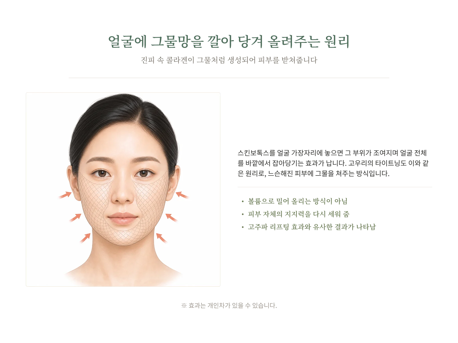 진피 속 콜라겐이 그물망처럼 재구성되며 피부를 당겨 펴주는 타이트닝 원리