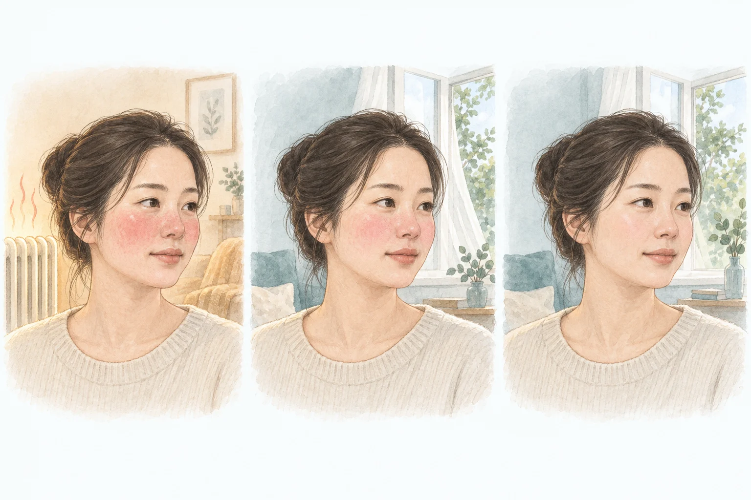 더운 환경에서 올라온 얼굴 붉은기가 점차 가라앉는 상황을 표현한 설명용 그림