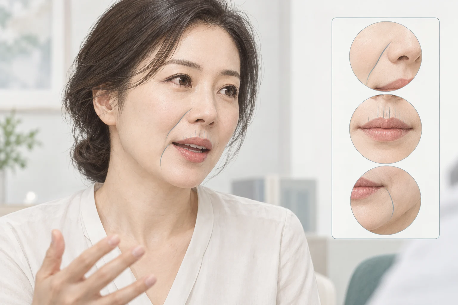 말을 하며 움직이는 얼굴에서 팔자주름, 입가주름, 입술 세로주름 위치를 표시한 설명 이미지