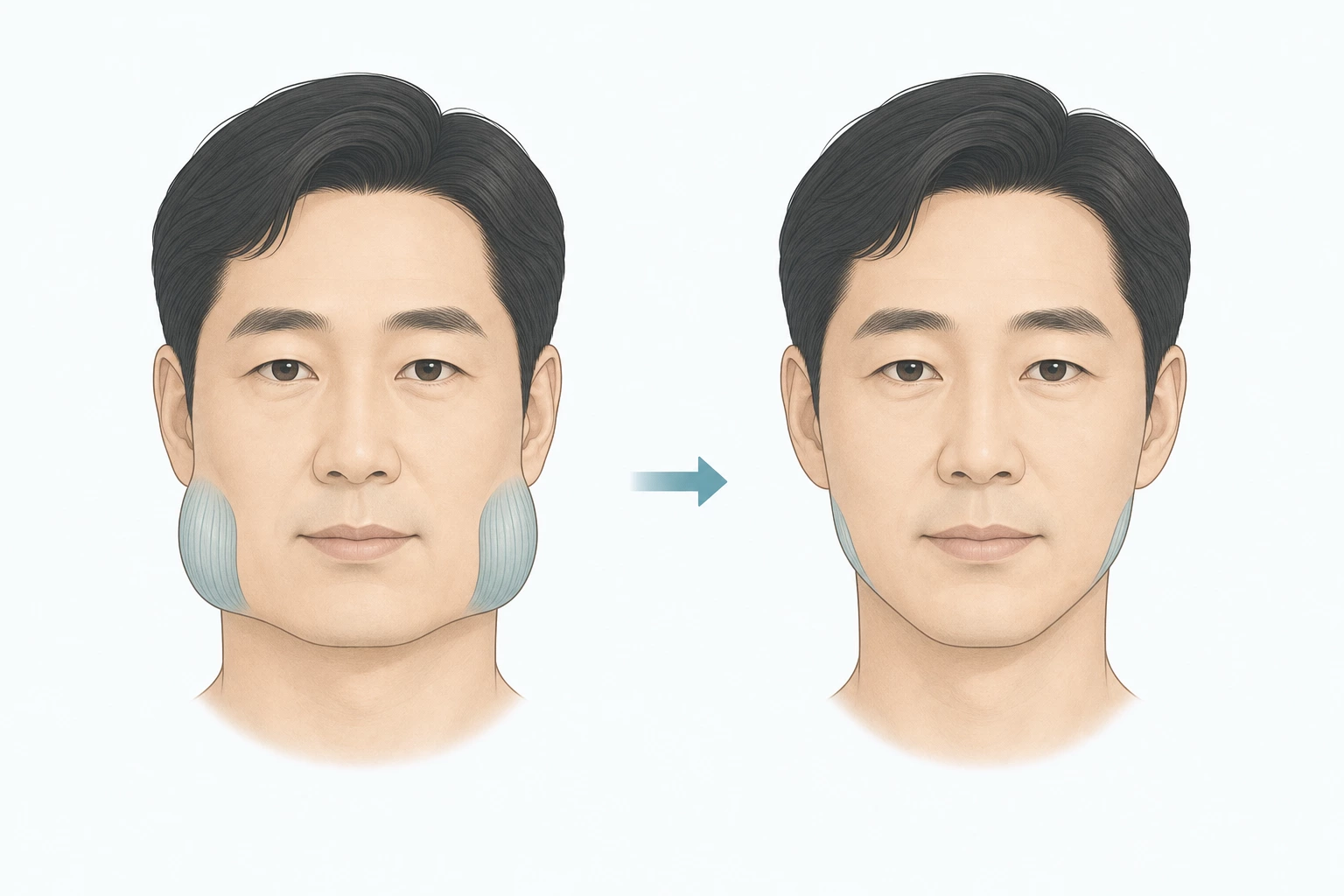 교근이 발달해 하관이 넓어 보이는 남성 얼굴과 교근 부피가 줄어 턱 모서리가 부드러워진 같은 얼굴을 나란히 둔 개념도